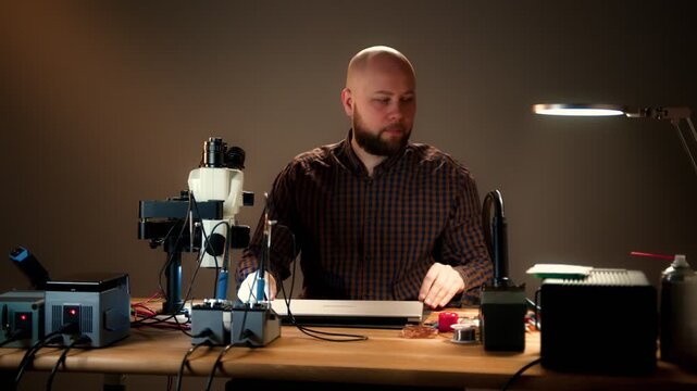 Electronics technician inspecting circuit board at workbench