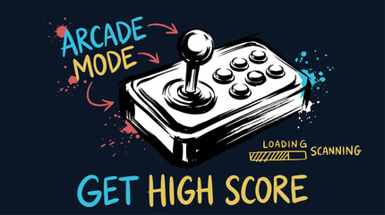 Arcade mode vintage gaming. Retro joystick vector graphic. Get high score shirt print. © panji