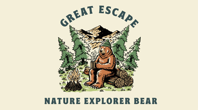 Mountain with bear vintage artwork. Mountain outdoors t shirt vector design. Great escape.