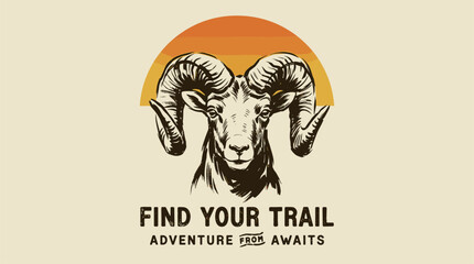 Ram mountain adventure vintage artwork. Find your trail t shirt vector design. Outdoor nature. © panji