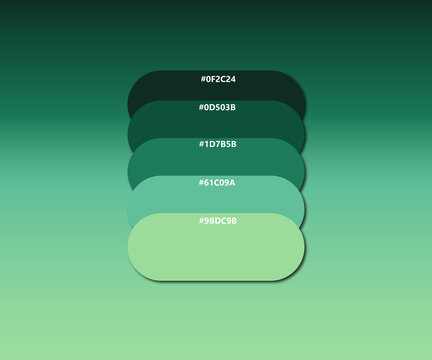 Shades of green color palette with hex codes on a matching gradient background