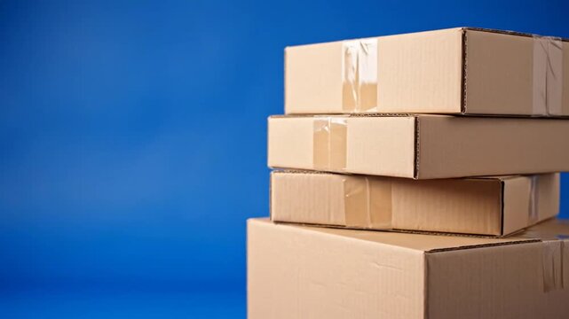 Stacked brown cardboard boxes on a blue background indoors closeup