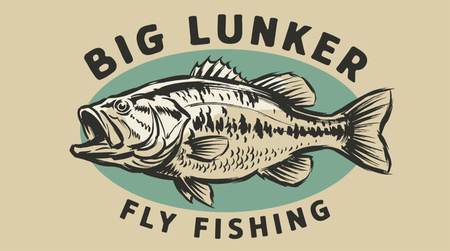 Big lunker fly fishing. Vintage bass fish artwork. Sport fishing tshirt vector design.