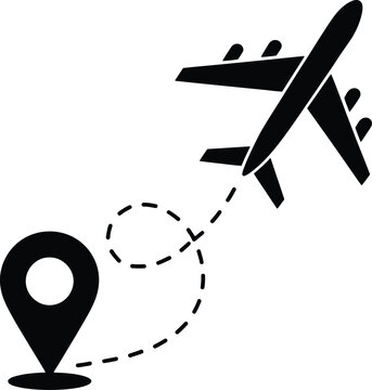 Black silhouette airplane icon flying to a location pin for travel and navigation design