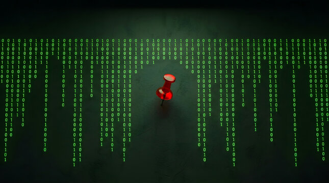 Red push pin centered in digital binary code matrix representing data security