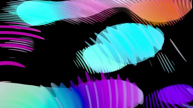 Abstract Neon Fluid Shapes with Hatched Lines Morphing on Black Background