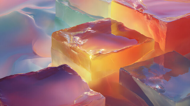 Colorful translucent cubes with glossy surfaces overlap in dreamy, hyper realistic abstract composition, glowing with vibrant orange, purple, and blue hues, evoking surreal atmosphere