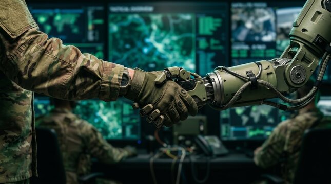 A soldier in camouflage shakes hands with a robot arm in a high-tech control room. Concept of collaboration, technology integration, military innovation, teamwork, and future warfare. Generative AI