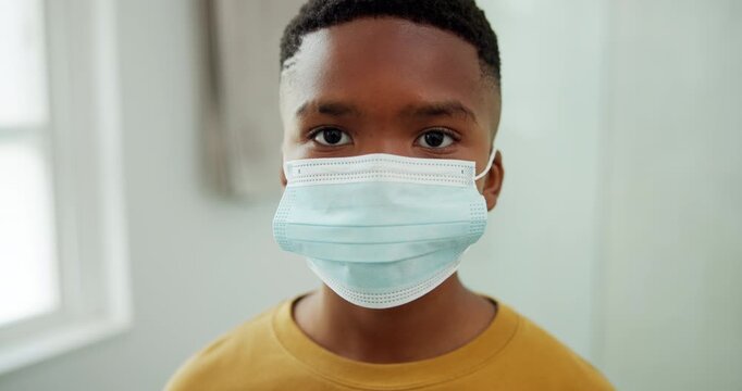 Mask, sick and face of black child in home with safety for disease, flu or virus infection. Healthcare, wellness and portrait of boy kid with medical precaution for cold or respiratory illness.