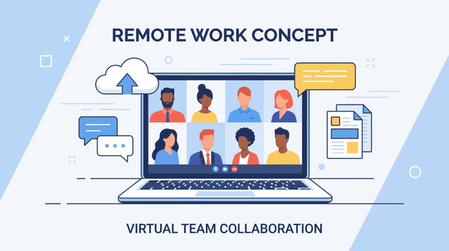 Remote work concept with virtual team collaboration.