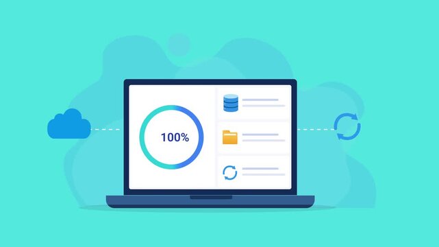 Animated flat vector illustration of a laptop displaying a cloud synchronization dashboard with progress indicator, cloud storage, and sync icons. Modern cloud computing, file synchronization, and wor