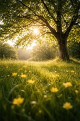 Obraz premium Sunlit meadow with blooming flowers.