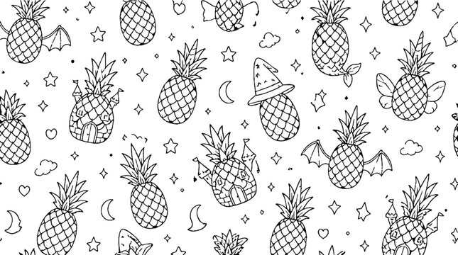 Whimsical pineapple and tropical drink pattern design.