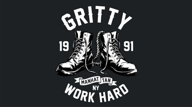 Gritty work boots. Manhattan NY vintage artwork. Work hard t shirt design.