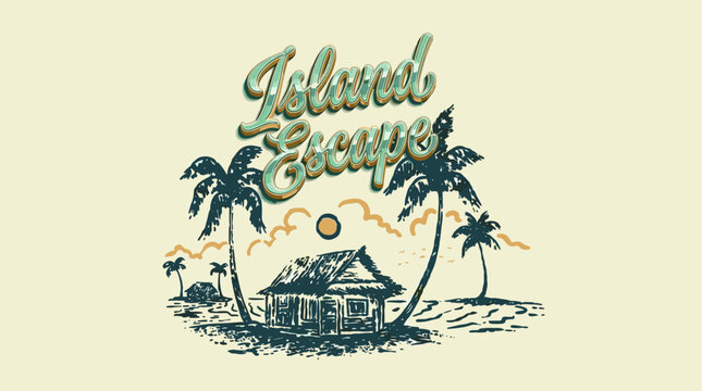 Island escape beach design. Summer paradise vector graphic. Palm tree vintage artwork.