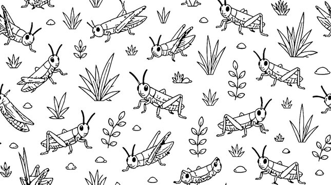 Detailed black and white grasshopper pattern design.
