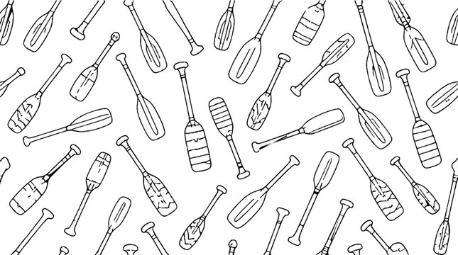 Collection of various paddles and oars in black and white.