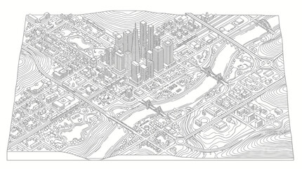 Fototapeta premium Isometric city map line drawing with skyscrapers and bridges