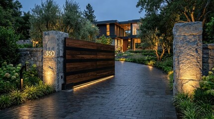 Fototapeta premium Modern Luxury Residential Entrance featuring a Dark Walnut Gate and Stone Pillars at Twilight