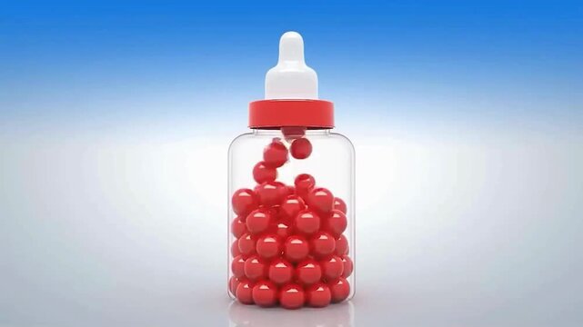 3D animated baby feeding bottle filling with red balls transforming into cartoon number one