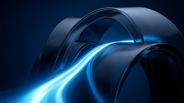 Abstract 3d background with dark metallic rings and glowing blue light streaks