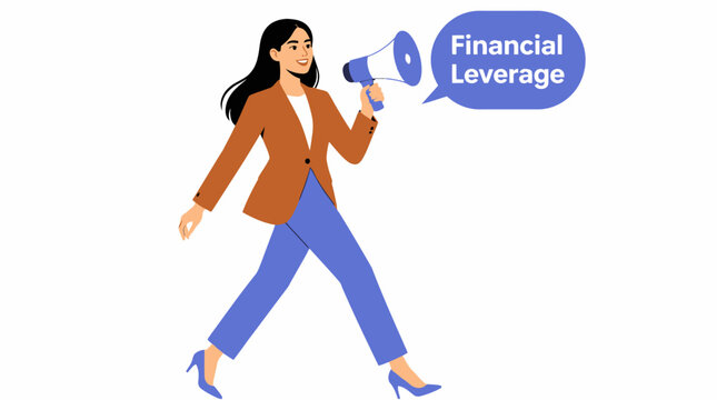 Woman in business attire holding financial leverage megaphone.