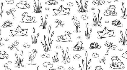 Fototapeta premium Whimsical Pond Life with Paper Boats and Frogs.
