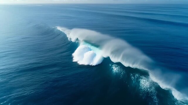 Sweeping aerial view of giant ocean wave rising gracefully through deep blue waters and sea spray