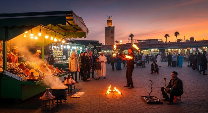 Night market scene in Jemaa el-Fnaa square in Marrakesh Morocco at sunset.
