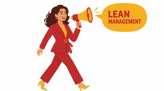 Confident woman in red suit holding megaphone for lean management.