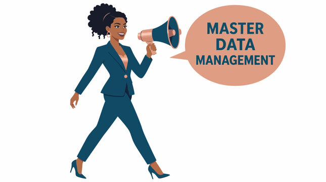 Confident woman announcing master data management concept.