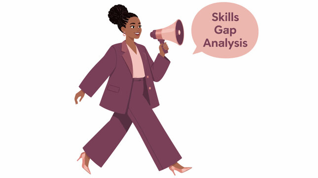 Confident professional woman holding megaphone for skills gap analysis.