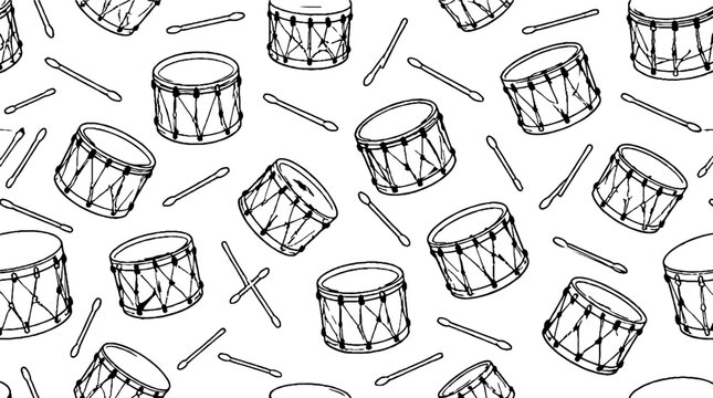Black and white drum and drumstick pattern design.
