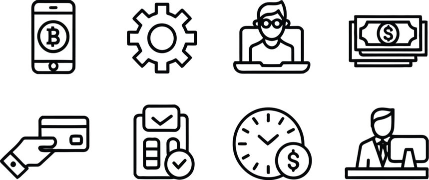 Business and financial linear icon set vector illustration featuring cryptocurrency online banking payment symbols isolated on a clean white background.