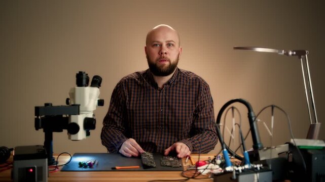 Technician inspecting circuit boards at electronics workbench
