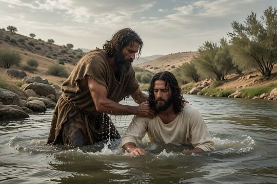 The baptism of Jesus in the River Jordan. John the Baptist immerses him in the water