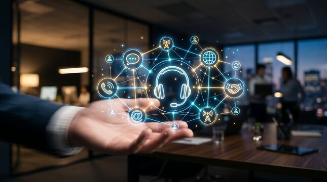 Customer support representative holding digital holographic headset icon for telecommunications service