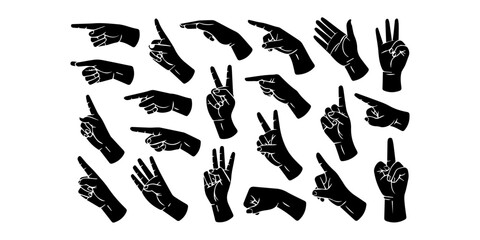 Obraz premium Hand vector silhouette, detailed hand gestures, positions, signs. Ideal arm, hands for illustrations, logos, icons. High quality graphics showcasing human interaction, expression
