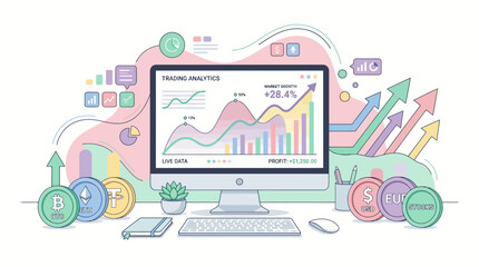 Naklejka premium Desktop Computer Displaying Financial Market Growth Trends and Digital Currency Trading Analytics