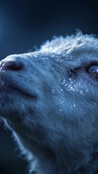 Vertical video: Tilting lamb head responding to lighting shift in blue studio, showing wet fleece