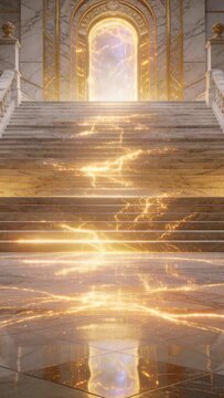 Vertical video: Drawing staircase and golden vein upward by glowing arch in palace, light guiding