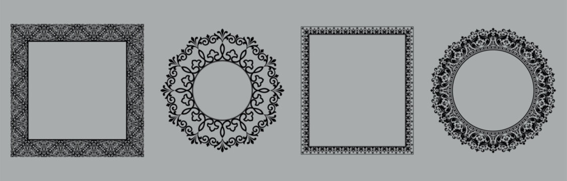 Set of decorative frames Elegant vector element for design in Eastern style, place for text. Floral black and gray frames. Lace illustration for invitations and greeting cards