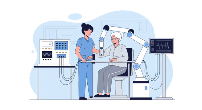 Elderly patient with robotic arm assistance, nurse supervising medical technology