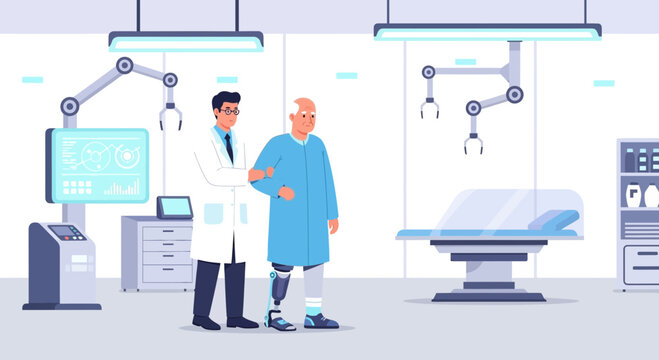 Elderly man with bionic leg in futuristic rehabilitation clinic with robotic assistants