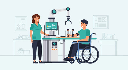 Fototapeta premium Robot Assisted Rehabilitation for Patient in Wheelchair with Nurse