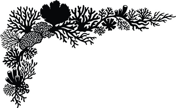 Decorative marine coral reef corner frame border silhouette vector illustration