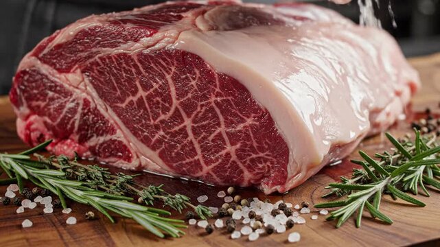 Raw beef steak on wooden board with rosemary and spices
