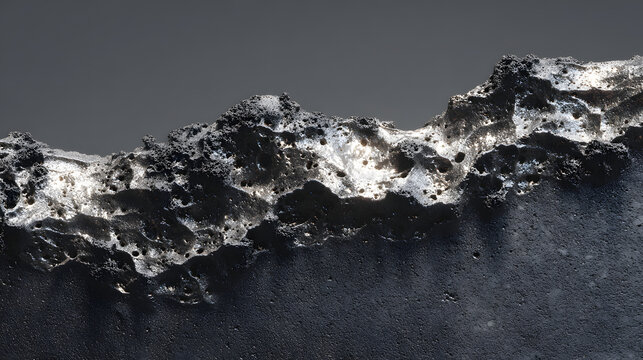 Metallic textured surface with jagged edge, rough structure, shiny highlights, and dark gray tones, resembling hyper realistic continuous surface with dramatic lighting and abstract detail