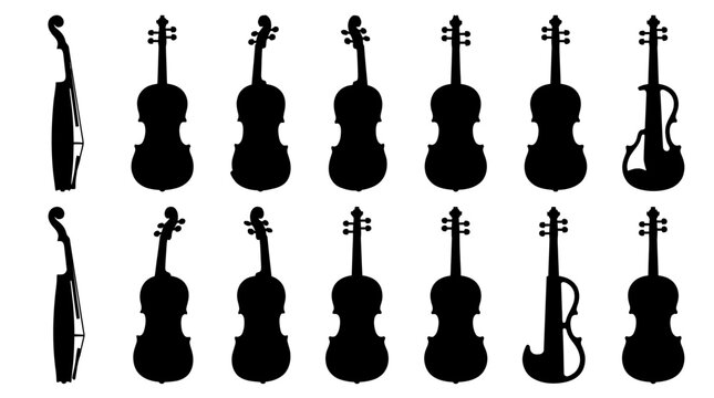 Collection Of String Instrument Silhouettes Featuring Various Violin Viola And Cello Shapes For Classical Music Orchestra And Symphony Design Projects
