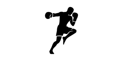 Obraz premium Thai boxing . Self-defense art ,Set of professional martial arts silhouettes featuring fighters boxers and kick boxers in combat poses isolated on white background,Martial Arts Fighters Training